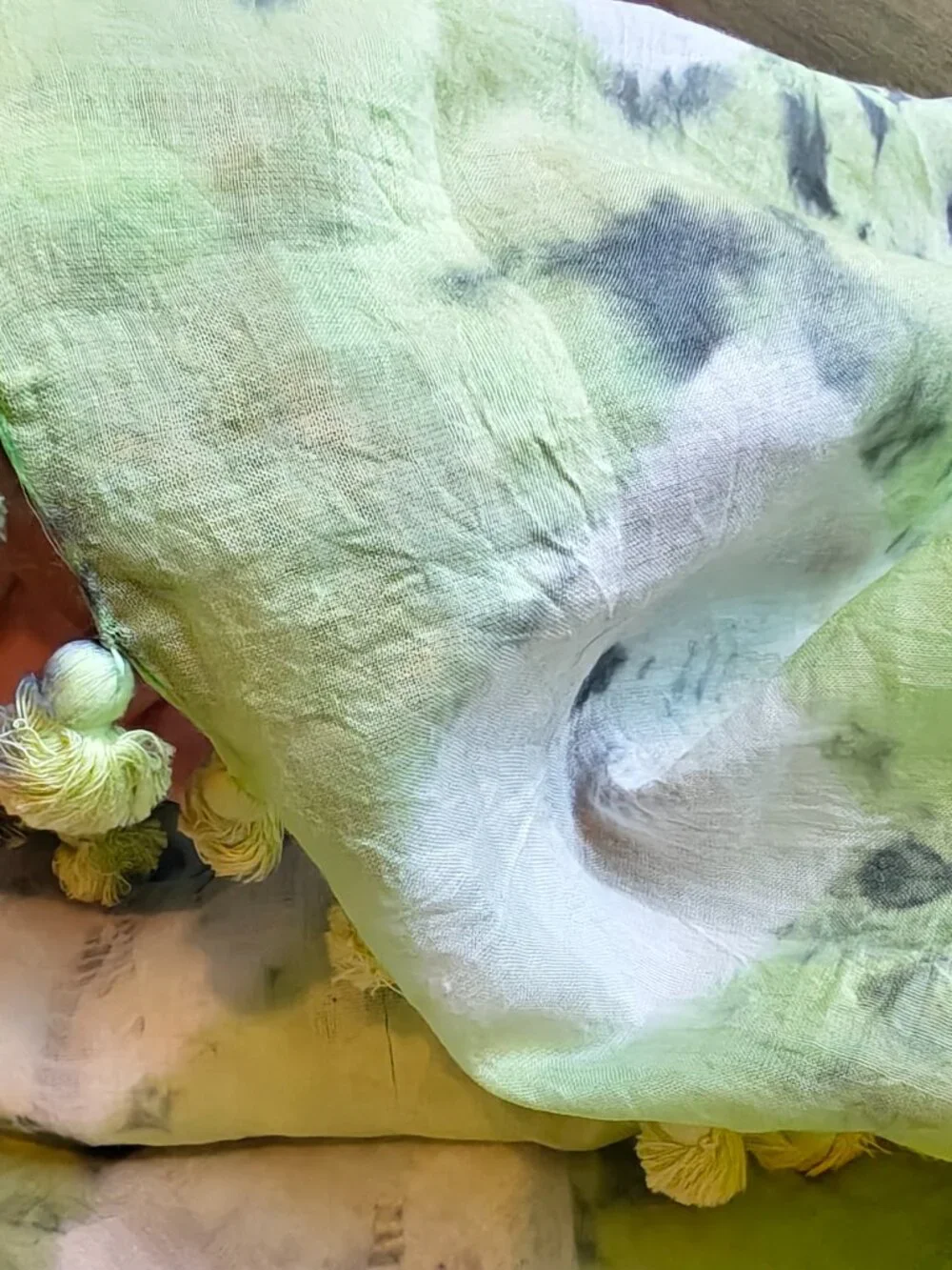 Aanya Silk Cotton Scarf Wrap Womens Lime Green Gray Shibori Tie Dye Tassel